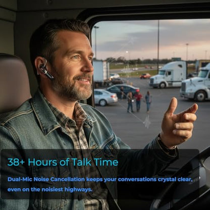 Trucker Bluetooth Headset Wireless, 38H Talk Time Bluetooth 6.0 Headphones with Dual Mic Noise Cancelling, Lightweight Hands-Free Earpiece for Truck Taxi Delivery Drivers, Long Battery Life Headset