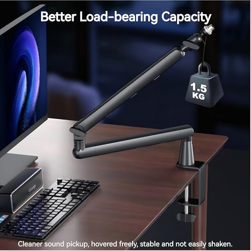 Dual Microphone Boom Arm Stand with Desk Clamp Mount, 2KG Load Capacity, Cable Management, Adjustable Articulating Arm, Black