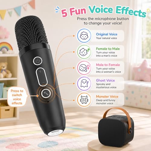 Karaoke Machine for Kids Boys, 2 Mics with Voice Changer, Black | Rechargeable,Portable,Bluetooth,TF Card,Headphone Jack,Sing Toy,Gift for Boys