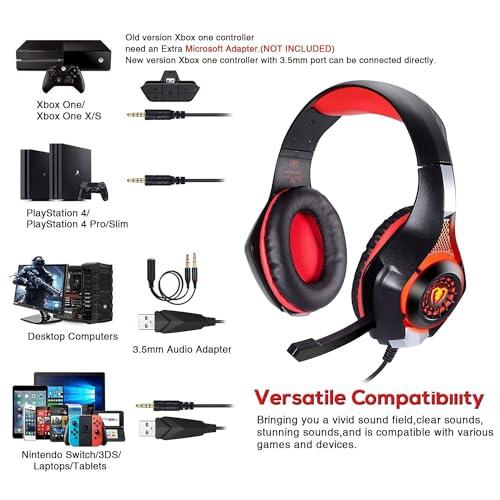 BlueFire Stereo Gaming Headset with Microphone for PS5 PS4 Xbox One Switch PC Mac – Wired Over-Ear Headphones with Surround Sound, Soft Memory Foam, Noise Canceling Mic, Light, 3.5mm Jack (Red) - color: Red