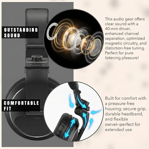 Pioneer DJ HDJ-X5 Over-Ear DJ Headphones - Black Bundle with Case and Austin Bazaar Polishing Cloth - color: HDJ-X5, style: Black