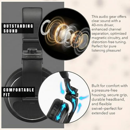 Pioneer DJ HDJ-X5 Over-Ear DJ Headphones - Black Bundle with Case and Austin Bazaar Polishing Cloth - color: HDJ-X5, style: Black