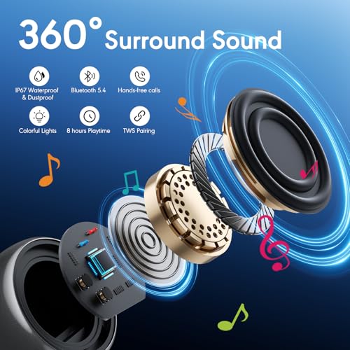 Shower Speaker Bluetooth Waterproof, IP67 Waterproof Portable Wireless Speaker with Metal Body, Bluetooth 5.4, Rich Bass, RGB Lights, Support TF Card/AUX for Bathroom, Travel, Outdoor Gift