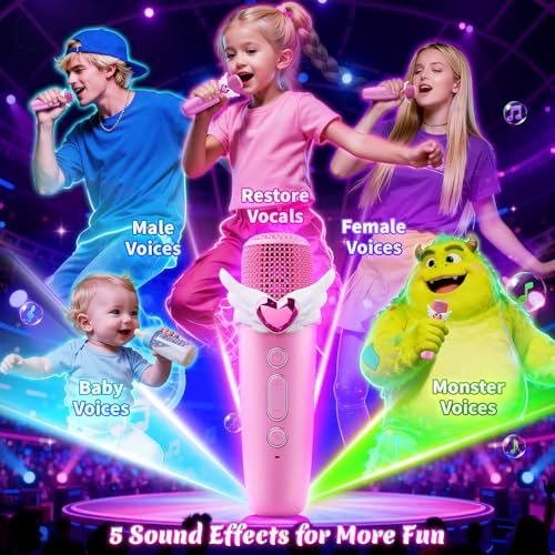 Unicorn Karaoke Machine with Wings & Castle Lights,2 Gem Wireless Microphones&5 Magic Voice,Portable Mini Bluetooth Speaker,Singing Toy Birthday Gift for 3 4 5 6 7 8 9 10 11 12 Year Old Girls Age 3-12