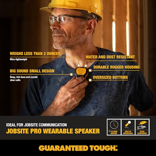 DEWALT Wearable Bluetooth Speaker, Clip-On Wireless Jobsite Pro, (Yellow) | Water-Resistant Portable Speaker (Non-Magnetic), Built-in Mic for Hands-Free Music/Calls, Bluetooth Speaker - color: Yellow