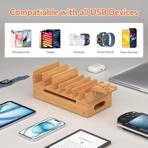 Pezin & Hulin Bamboo Charging Station for Multiple Device Phone Watch Stand | 100% natural bamboo, heavy stable base, non-slip pads, hidden cable compartment, 7 slots, 5 cables included. No USB HUB