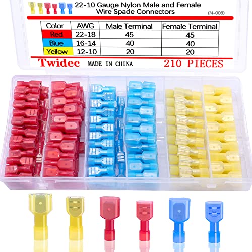 Twidec/210PCS Nylon Spade Connectors Kit 22-10 Gauge Male and Female Wire Spade Terminal Quick Disconnect Fully Insulated Wire Crimp Connector for Automotive Marine - color: Multicoloured Nylon 210PCS