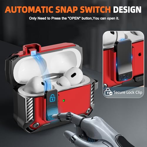 for AirPods Pro 1st/2nd Case with Lock & Phone Stand(Red) | Automatic Snap Switch Lock,Carbon Fiber Texture Design Cover with Cleaner Kit - color: BB-Red