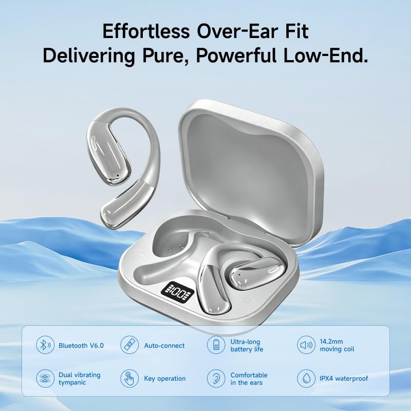 A51 Open Ear Headphones, True Wireless Earbuds with Mic & Earhooks | Deep Bass Sound, 20H Playtime & Digital Display, AI Clear Calls, Secure Comfortable Fit - Running, Sport, Meeting (Silver) - color: Silver
