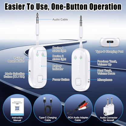 Premium Bluetooth 6.0 Transmitter Receiver – 2-in-1 Adapter | For TV, plane, gym, car & home. Dual Link for 2 headphones. Low latency, stable. Works with all AirPods & wireless headphones - color: White