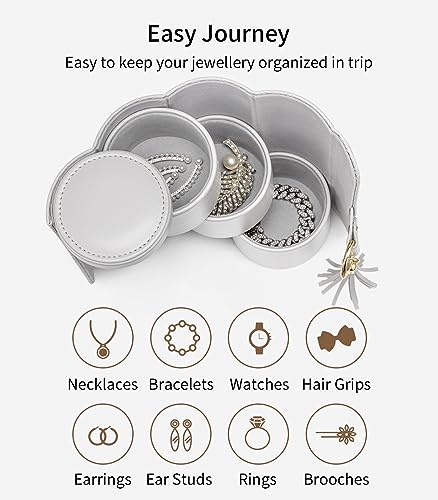 VLANDO Travel Jewelry Organizer, 3 Tier Roll Up Design, Hard Shell Storage | Stepped Sections Compartments Keep Jewelry Visible, Soft Lining Protect Pieces, Snap Closure, Travel Gift for Women Girl - color: C.Grey