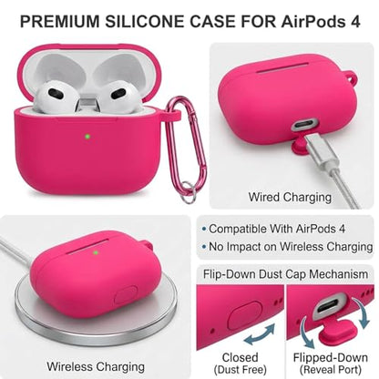 Silicone Case Cover for AirPods 4th Gen, Soft Skin, Full Protection, Keychain, Cleaner Kit (Pink Red) - color: A6-Rose Pink