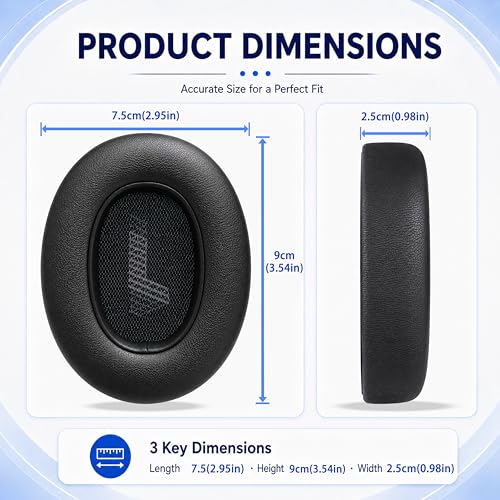 Replacement Ear Pads for JBL E65BTNC/Live 650BTNC/Live 770NC/Live 660NC/Duet NC Headphone, Extra Thick Cushions, Ear Cups Cover, Soft Leather＆Memory Foam Headset Earpads (Black) - color: Black