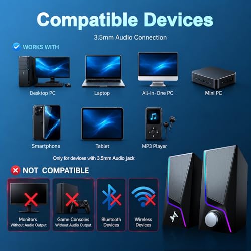 Nylavee Computer Speakers for Desktop, PC Speakers with 6 Lighting Modes | USB Powered with 3.5mm AUX, Dual Speaker Units and 2 Bass-Boost Ports for PCs, Laptops and Monitors