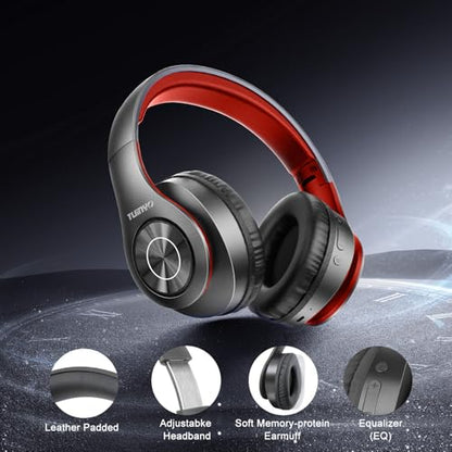 TUINYO Bluetooth Headphones, Over Ear Stereo Wireless Headset 40H Playtime with Deep Bass,Soft Memory-Protein Earmuffs,Built-in Mic Wired Mode PC/Cell Phones-Black red - color: Black/Red
