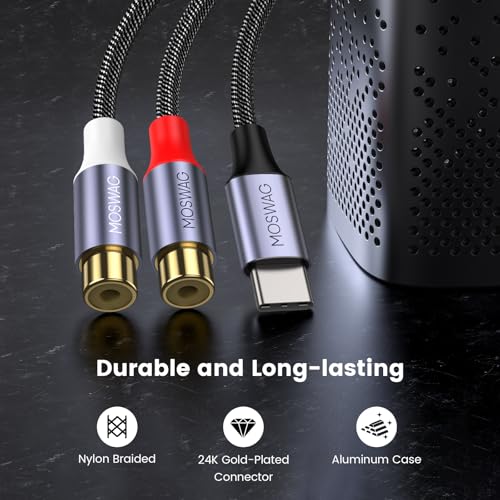 MOSWAG USB-C to Dual RCA Audio Adapter Cable Female | Gold plated braided audio splitter for PC,phone,tablet,speaker,amp,car stereo Stable,withstands frequent plugging,plug&play - size: 1 Pack