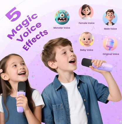 Mini Karaoke Machine, Portable Bluetooth Speaker & 2 Wireless Microphones | Karaoke Player Karaoke Microphone For Family Home Party Outdoor With HI-FI Sound | 5 Magic Sound | PA System | USB | TF | AUX - color: Light Purple