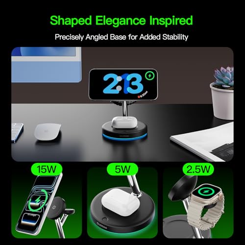 3 in 1 MagSafe Wireless Charger Stand for iPhone Apple Watch AirPods | Adjustable Blue Ambient Light,15W Magnetic Charging Station for iPhone 17 16 15 14 13 12 Series wireless charging station - color: Black
