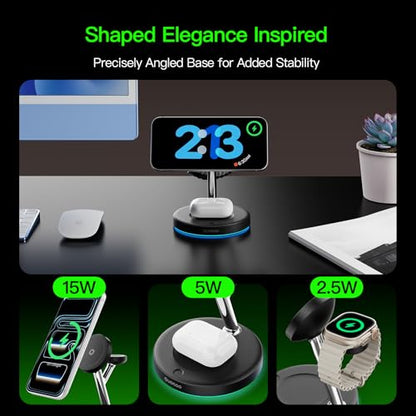 3 in 1 MagSafe Wireless Charger Stand for iPhone Apple Watch AirPods | Adjustable Blue Ambient Light,15W Magnetic Charging Station for iPhone 17 16 15 14 13 12 Series wireless charging station - color: Black
