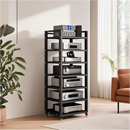 7 Tier Audio Rack Tower, CD Record Player Stereo Receiver AV Equipment Cabinet Display Rack, Weight Capacity 661 lbs, with Adjustable Wooden Shelves for Home (7 Tier Black) - size: 7 Tier Black