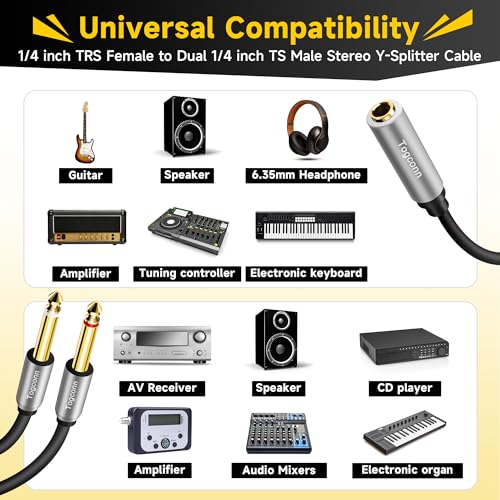 1/4 inch TRS Stereo Splitter Y Adapter, 6.35mm Stereo Female to Dual 6.35 mm TS Mono Male Jack, Quarter inch Audio Speaker Splitter Converter Cable 1 Feet, Gold Plated Connectors - color: 6.35mm TRS Female to Dual 6.35mm Male, size: 1 Pack