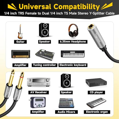 1/4 inch TRS Stereo Splitter Y Adapter, 6.35mm Stereo Female to Dual 6.35 mm TS Mono Male Jack, Quarter inch Audio Speaker Splitter Converter Cable 1 Feet, Gold Plated Connectors - color: 6.35mm TRS Female to Dual 6.35mm Male, size: 1 Pack