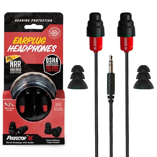 Plugfones Protector Volume Limited Audio Earbuds, OSHA Compliant Earplugs with Sound, Black & Red - color: Black & Red
