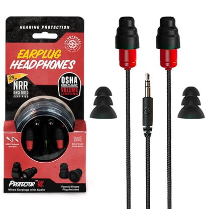 Plugfones Protector Volume Limited Audio Earbuds, OSHA Compliant Earplugs with Sound, Black & Red - color: Black & Red