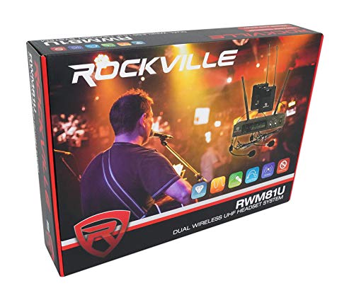 Rockville RWM81U Dual UHF Headset & Guitar Wireless Microphone System, LCD | XLR and 1/4in Output, Two Channel, Cardioid, 300-400ft Range, 10 Hour Battery, Metal Housing, Auto Sync, Volume Controls