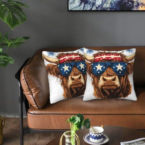 Highland Cow Red White Blue Headband Throw Pillows Covers, Couch Sofa Pillow Cases,Zipper Bedding Cushion Cases for Living Room,18x18 Inch