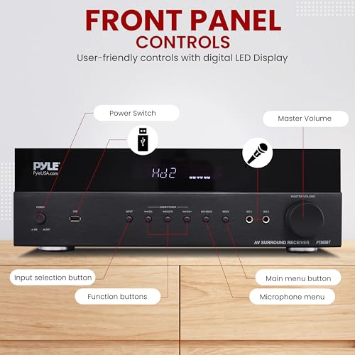 Pyle 5.2 채널 하이파이 홈 시어터 수신기 - 1000W MAX 무선 BT 서라운드 사운드 스테레오 앰프 시스템, 4k 울트라 HD 지원, MP3/USB/DAC, 몰입형 홈 오디오 경험에 이상적