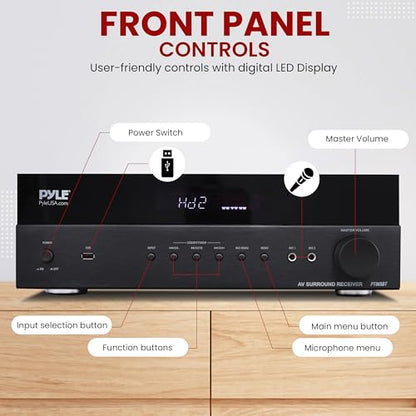 Pyle 5.2 채널 하이파이 홈 시어터 수신기 - 1000W MAX 무선 BT 서라운드 사운드 스테레오 앰프 시스템, 4k 울트라 HD 지원, MP3/USB/DAC, 몰입형 홈 오디오 경험에 이상적