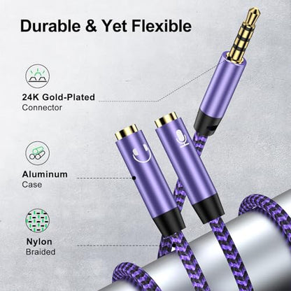 Headphone Splitter Cable 3.5mm Male to 3.5mm Female Audio Jack Adapter | Headphone&3.5mm Microphone Stereo Y Splitters Adapter HiFi Sound Aux Extension Cable for Earphone Phone PS5 PS4 Switch Tablet - color: purple