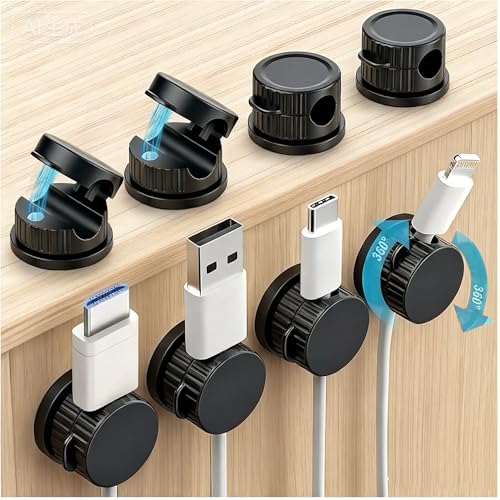 Magnetic Cable Organizer 8-Pack Glossy Black - Rotating Magnetic Clip Cord Keeper for Desk, Nightstand & Car - Adhesive Management System for USB & Power Wires