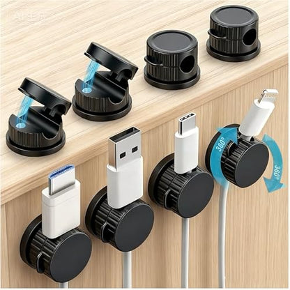 Magnetic Cable Organizer 8-Pack Glossy Black - Rotating Magnetic Clip Cord Keeper for Desk, Nightstand & Car - Adhesive Management System for USB & Power Wires
