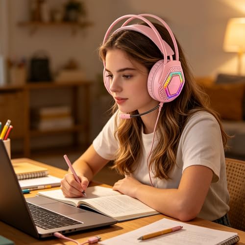 LICAEVEY Wired USB Gaming Headset for PC Switch Mobile Devices, 3.5mm RGB Headphones with 50mm Driver Unit 7.1 Surround Sound Noise Cancelling Microphone (Pink) - color: Pink
