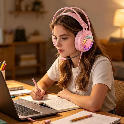 LICAEVEY Wired USB Gaming Headset for PC Switch Mobile Devices, 3.5mm RGB Headphones with 50mm Driver Unit 7.1 Surround Sound Noise Cancelling Microphone (Pink) - color: Pink