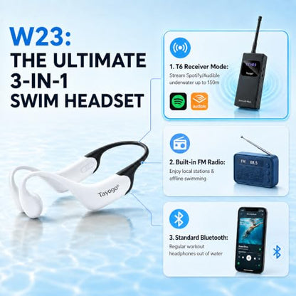Tayogo Swimming Headphones T6 + W23 Bone Conduction, Under Water Audio System, Spotify Swim Headset, No Need to Download, Waterproof FM Receiving & Bluetooth Open Ear Swim Headset for Training - color: White