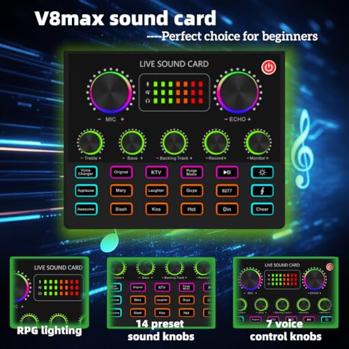Podcast Equipment Bundle for 2, V8mx Audio Interface with Voice Changer Condenser Microphones for Gamer, All-in-One Audio Mixer Perfect for Live Streaming, Singing, YouTube, Gaming (V8MAX KIT FOR 2)