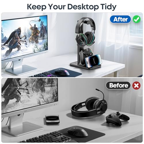 Gaming Headset & Controller Stand, Rotating Headphone Storage with Controller & Phone Holder, Game Desk Storage with Cable Organizer for PS5/PS4/XBOX PC Gamer Essentials Organizer Gift Accessories - size: S-Black-Standard