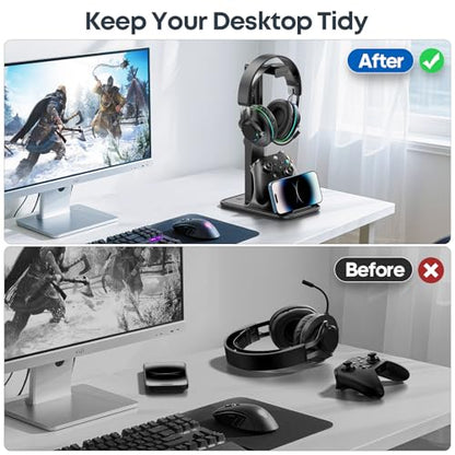 Gaming Headset & Controller Stand, Rotating Headphone Storage with Controller & Phone Holder, Game Desk Storage with Cable Organizer for PS5/PS4/XBOX PC Gamer Essentials Organizer Gift Accessories - size: S-Black-Standard