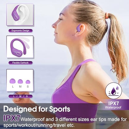Wireless Earbuds 75H Bluetooth 5.4 Sport Headphones with Earhooks, Purple | IPX7 Waterproof In-ear Buds Feature ENC Noise Cancelling Mic & Deep Bass. Stereo Sound Device for Gym Running Workout - color: Purple