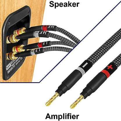 WORLDS BEST CABLES 8 Foot Ultimate - 9 AWG - Ultra-Pure OFC - Premium Audiophile HiFi Bi-Wire Speaker Cable Pair with Eminence Gold Banana Plugs & Carbon Tweed Jacket