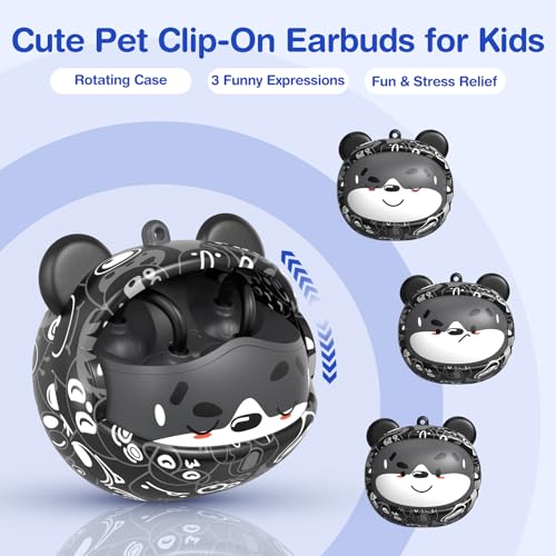 QearFun Kids Bear Ear Clip On Earbuds, Open Ear Earbuds with Rotatable Case - 85dB Safe Volume, 30H Playtime, Built-in Mic, Wireless Bluetooth Headphones for School Travel, Gift for Girls Boys - color: Black Earbuds