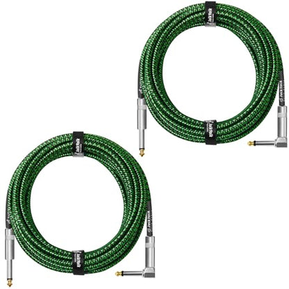 Guitar Cable 20ft 2-Pack, Tweed Cloth Braided Instrument Cable, TS 1/4 Inch Angled to Straight, for Electric Guitar/Bass/Amp, Black & Green - color: Green, size: 20ft