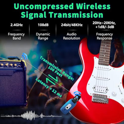 A9 Wireless Guitar Transmitter Receiver 2.4GHz (Blue(1TX+1RX)) | Guitar Accessories Transmitter Receiver, 100ft Range, Low Latency, 4-Hour Rechargeable Battery, for Electric Bass - color: Blue