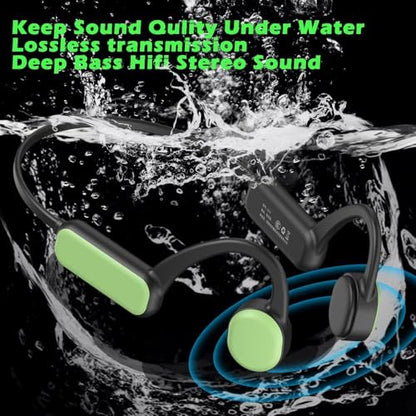 IHAO Swimming Headphones True Bone Conduction Open Ear Headset MP3 Player Built-in 16G Memory IP68 Underwater Waterproof Stereo Bluetooth Earphone for Driving Bicycling Running Skiing-Green - color: Green IHX18