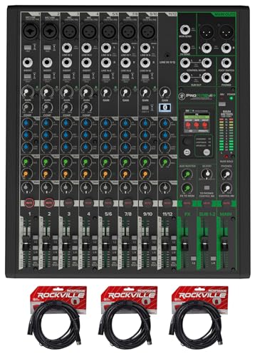 Audiosavings Bundle: (1) Mackie ProFX12v3+ 12-Channel Analog Mixer w/Enhanced FX/USB Recording/Bluetooth Bundle With (3) Rockville RCXFM20E-B 20 Foot Female to Male XLR Mic Cable Black 100% Copper
