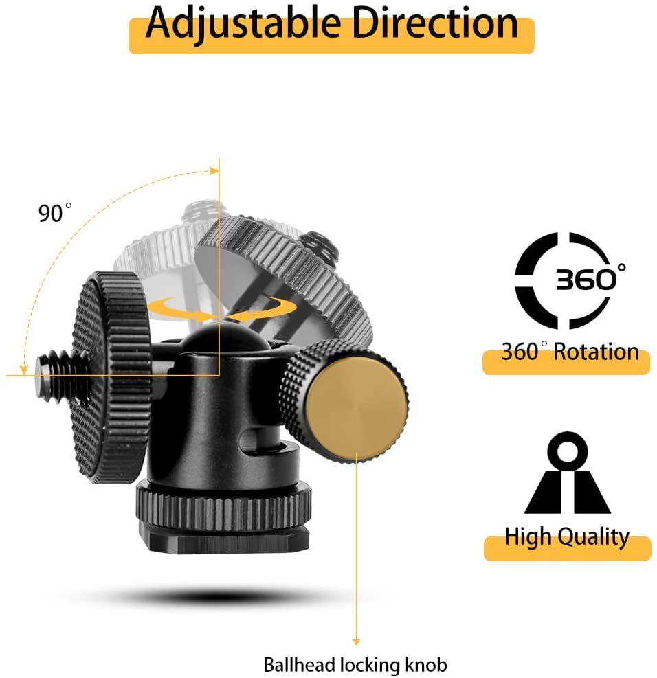 koolehaoda 1/4 Mini BallHead & Hot Shoe Mount Adapter for Camera Video Light Tripod Monopod (1/4 Ball Head) | 360° Swivel Ball Head for Video Light Tripod Monopod, Lightweight Aluminum, Cold Shoe Compatible, Compact Design - size: 1/4 Ball head