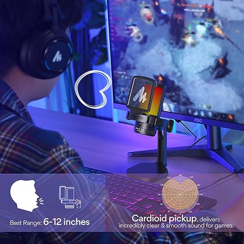 MAONO USB Gaming Microphone with Headphones, PC Computer Condenser mic with Noise Cancellation, RGB Lights, Mute for Streaming, Recording, Podcast, Chat, Twitch, YouTube, Discord, GamerWave, MH601